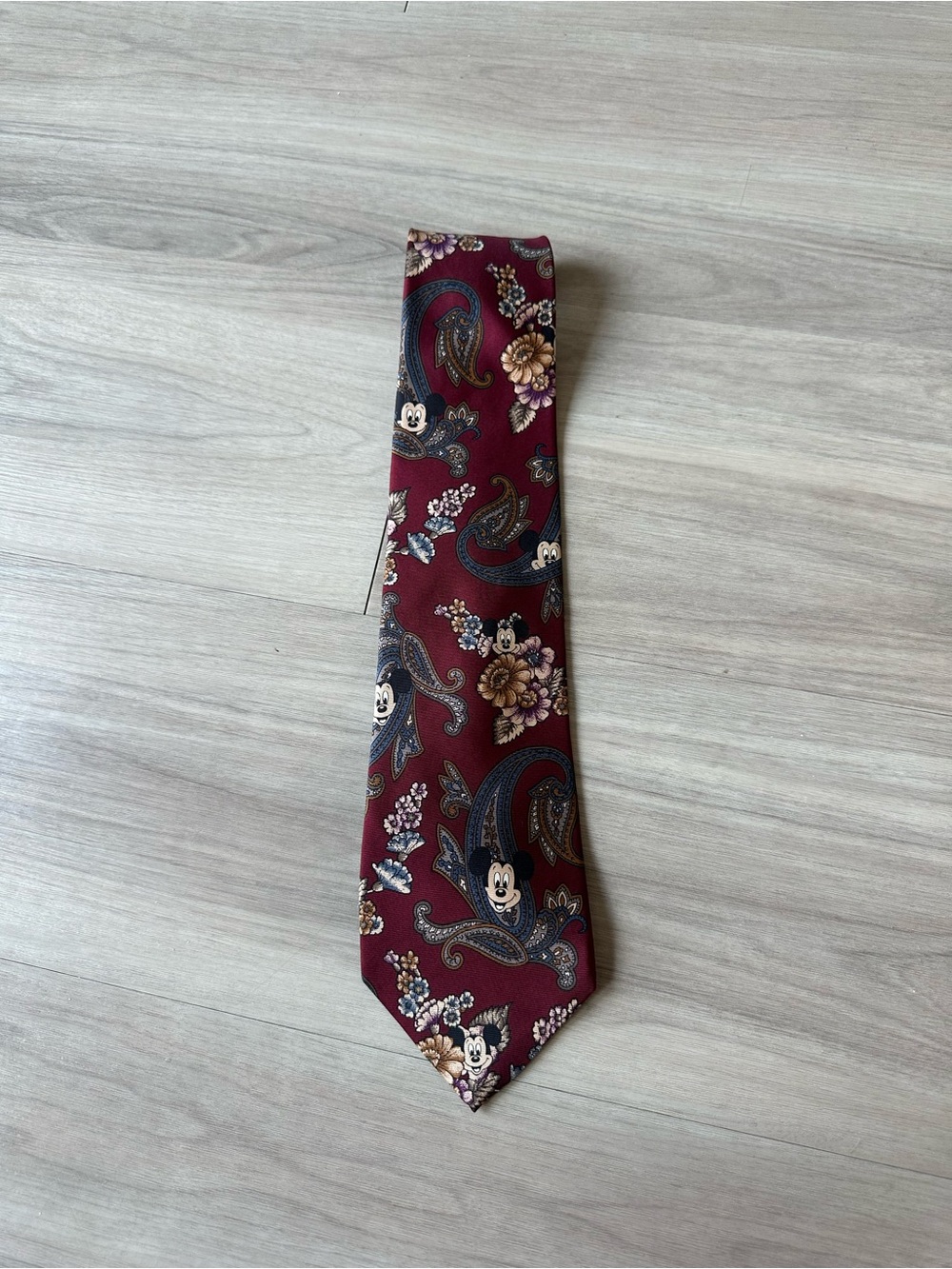 Vintage Disney Maroon silk necktie ft a paisley floral print w/Mickey Mouse